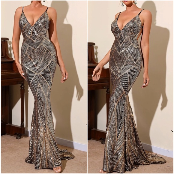 Luxe Sequin backless mermaid hem party formal prom sequins gown dress - Picture 10 of 11